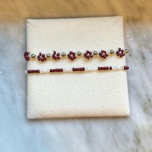 Two Handmade Dark Red Beaded Flower Bracelet
